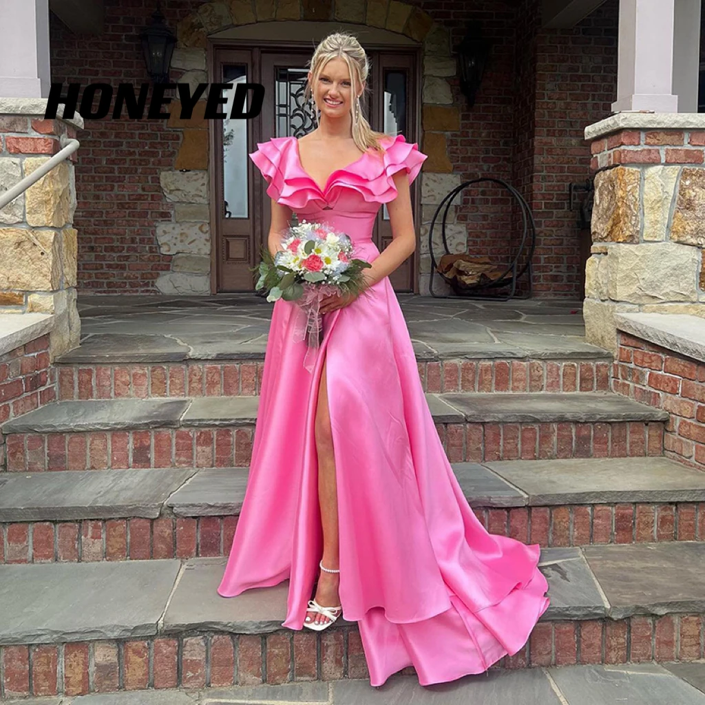 

Honeyed Formal 2023 A-Line Prom Evening Dresses Women Ruffled Backless Side Slit Saudi Arabia Cocktail Party Gowns Custom Size