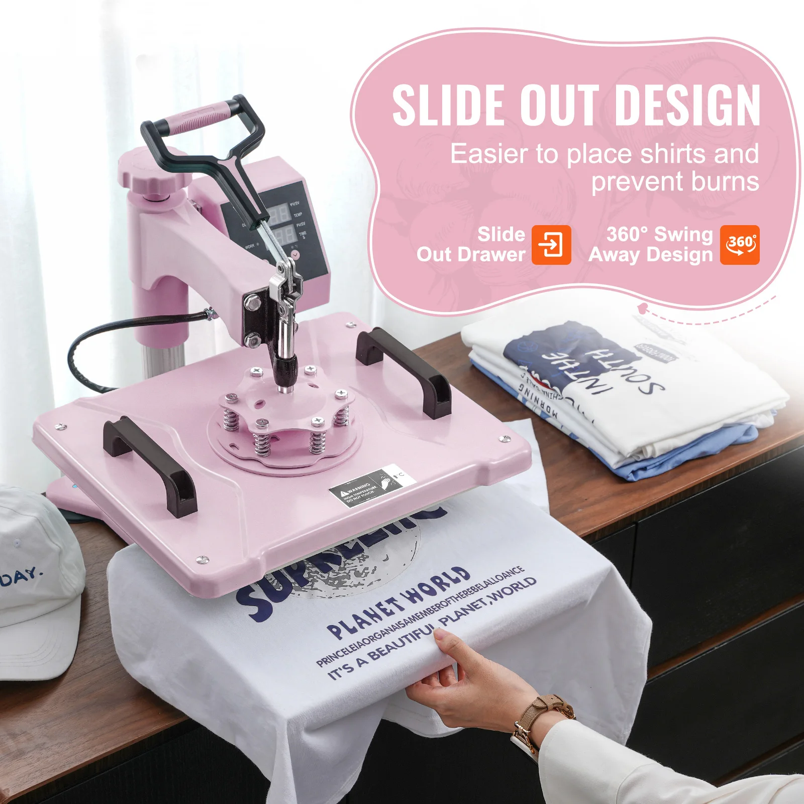SucceBuy Heat Press Machine 12 x 15 inch 8in 1 Heat Transfer Machine 360° Swing Away T-Shirt for T-Shirts/Mugs/Hats/Plates Pink 4