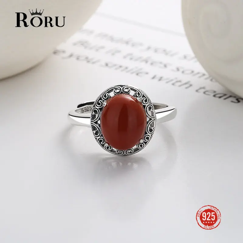 

S925 Sterling Silver South Red Egg Noodles Inlaid Ring Retro Style Classical Temperament for Women Fine Jewelry Gifts