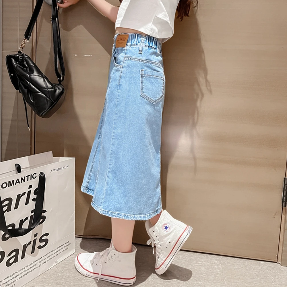 Children Jeans Skirt Ankle Length Midi Kids Skirts Split Side Open
