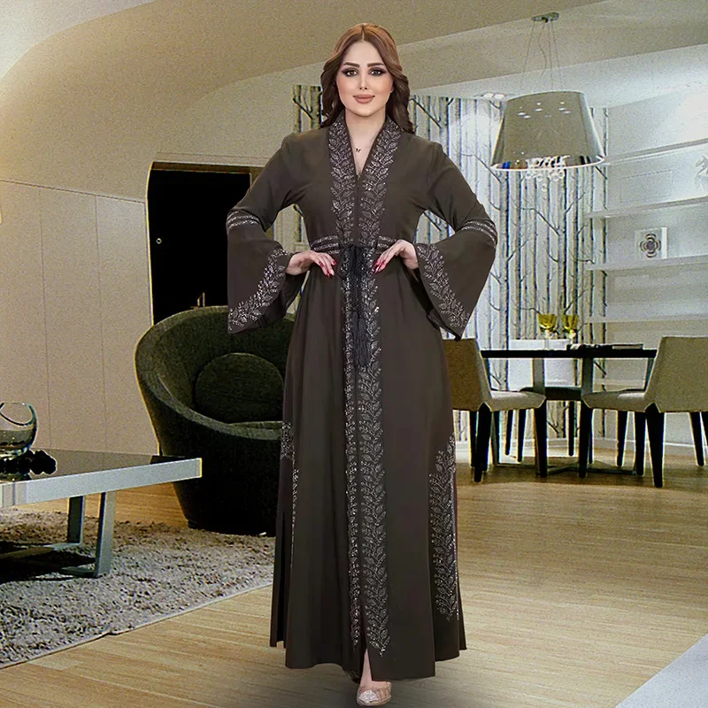 Plus-size Women\'s Dress Women Muslim Abayas Flared Long Sleeve  Loose Maxi Dress Female Casual Solid Abaya Vestidos Lace-up Robe
