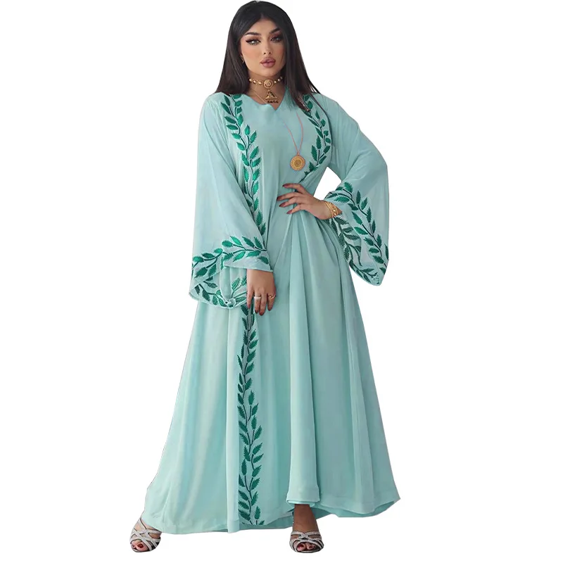 

Middle East Fashion Summer Chiffon Long Muslim Embroidered Dress Scarf Jalabiya Abaya Elegant Dubai Party Dresses