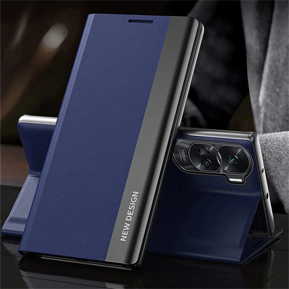 Premium Plating Flip Phone Case with Shockproof Stand and Leather Back Cover