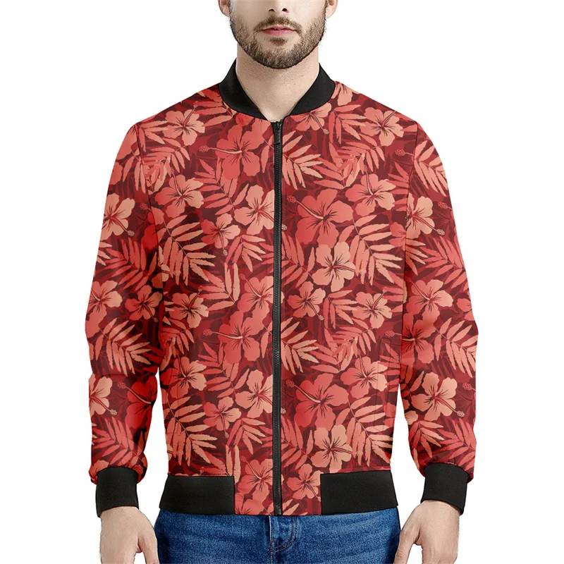 thumbnail image 1 of Chaqueta con cremallera y estampado de flores hawaianas para hombre, sudadera con estampado de plantas tropicales en 3D, sudaderas estilo bomber, abrigos de manga larga de gran tamaño, 1 of 5