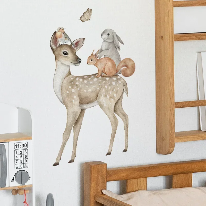 Hand Drawn Cute Deer Rabbit Fox Wall Stickers for Kids Rooms Nursery Living Room Baby Bedroom Wall Decor Animals Child Wallpaper wall stickers luminous wall stickers vinyl decal stickers