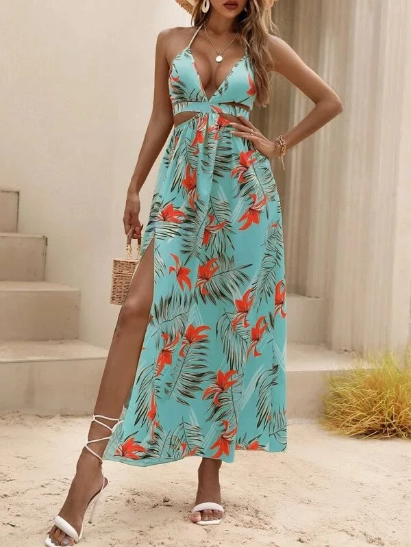 Print Halter Neck Slit Dresses Women Sexy Deep V-neck Hollow Out Backless Bowknot Leace-up Long Dress Female Streetwear Vestidos 11 undefined