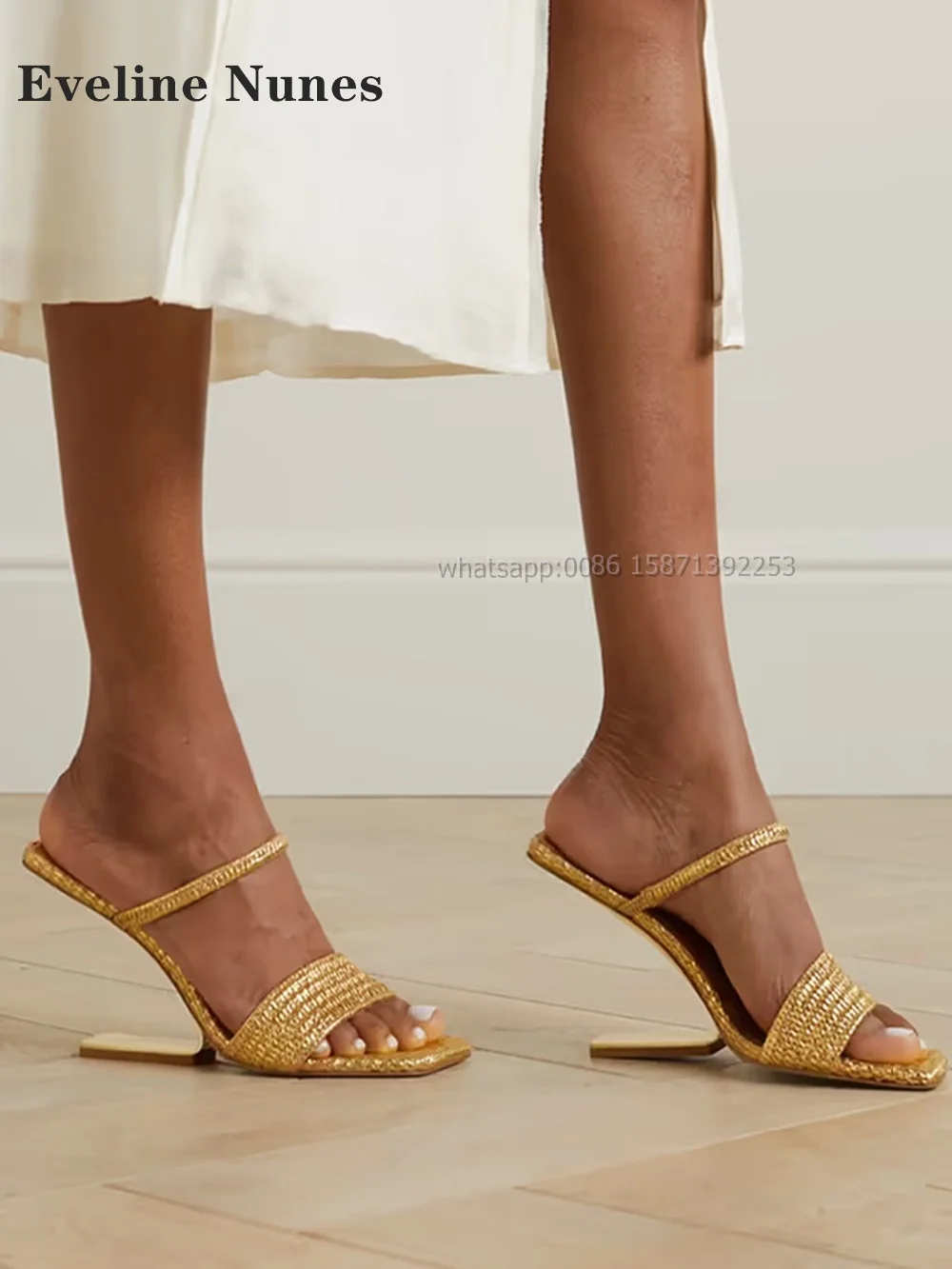 

Golden Bling Strange Style Sandals s Straight Strap Slingback Slip On Shoes Summer Square Open Toe Sequined Cloth Women Slipper