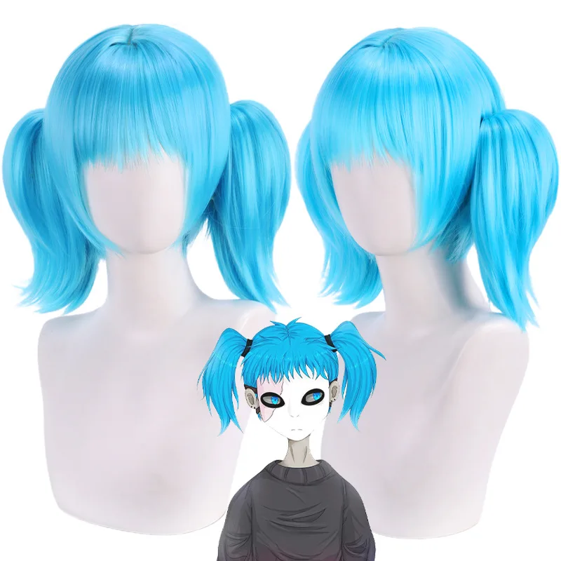 Blue Wig for Sally Face Cosplay Wig Hair Short  Anime Sythetic Party with 2 Ponytails