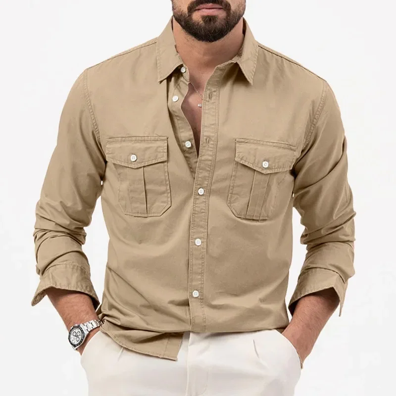 Men's Shirt Solid Color Casual Long Sleeve Multi-pocket Button Lapel Shirt Business Commuter Shirt Street Everyday Men's Wear