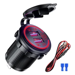 Dual USB Car Charger Socket with Quick Charge 3.0 and Touch Switch - Waterproof Fast Charging Power Outlet - Red with Wire