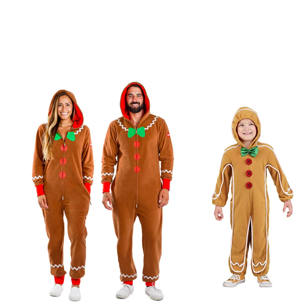 

Family Adult Gingerbread Man Hooded Jumpsuit Christmas Outfit Kids Brown Gingerbread Cookie Costume Pajamas Party Cosplay Onesie