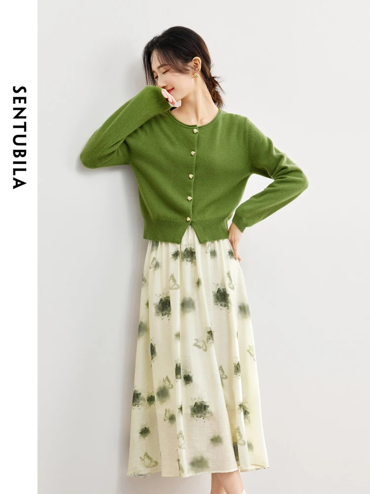 SENTUBILA Spring Womens Matching Sets Round Neck Soft Sweater Cardigan A-line Printed Midi Skirt Elegant 2 Piece Set 741Z53359