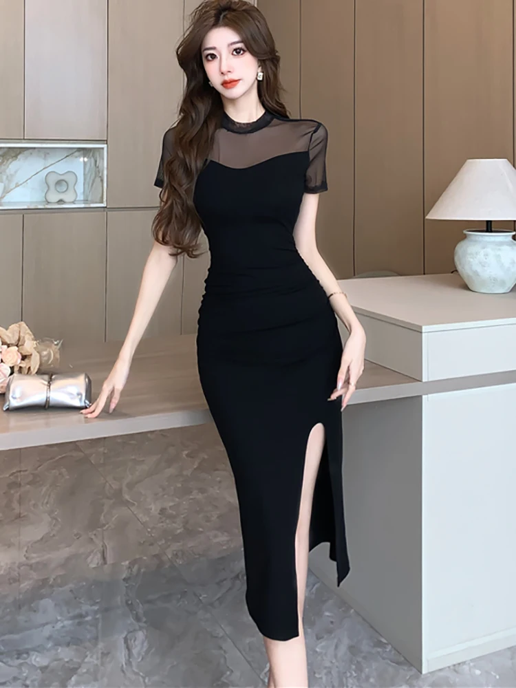 Summer Black Patchwork Mesh Sheer Sexy Club Dress Women