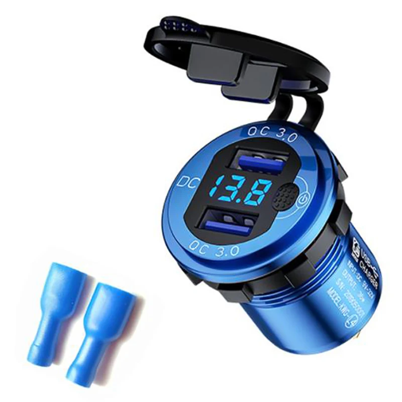 

Quick Charge 3.0 Dual USB Car Charger with Voltmeter & Switch,36W 12V Outlet Charger for Car Boat Marine ATV Truck, Blue