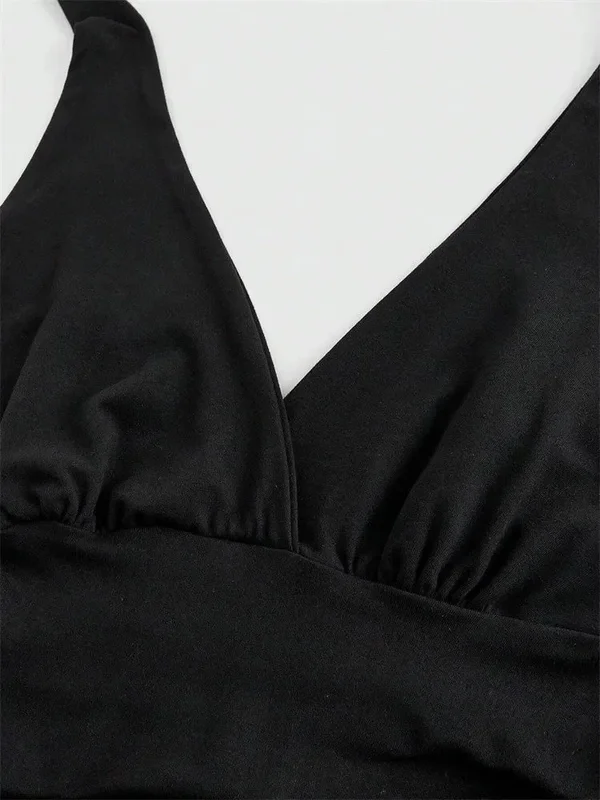 Solid V-neck Backless Halter Crop Sexy Y2K Sleeveless Ruched Streetwear