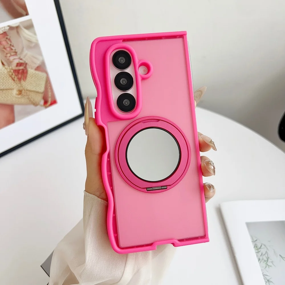 360° Rotating Mirror Stand Magnetic Case with 3D Wave Border and Shockproof Bumper