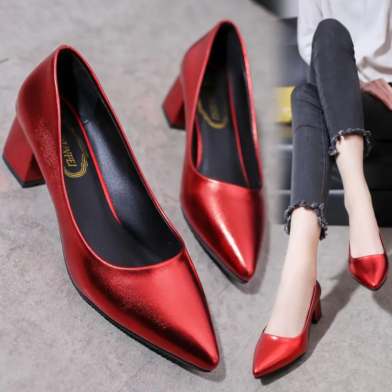 

Pointed Toe Square Heels Women's Shoes with Medium Block Heel Shallow Ladies Footwear Formal Red Chunky Lastest Elegant Dress A