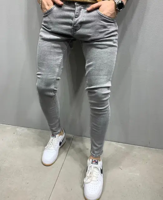 Men Stretchy Ripped Skinny Biker Embroidery Cartoon Print Jeans Destroyed Hole Slim Fit Denim High Quality Hip Hop Black Jeans HY011K Grey