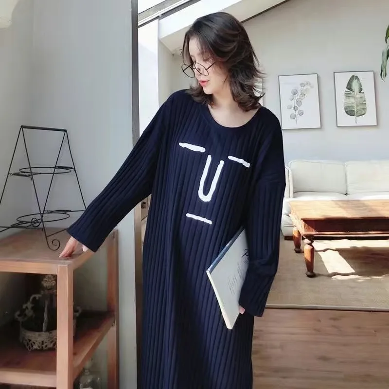 

Nightgowns Women Primted Oversize 5XL Autumn Long Sleeve Loose Warm Homewear Pyjama Korean Style Chic Leisure Mid-calf Soft BF