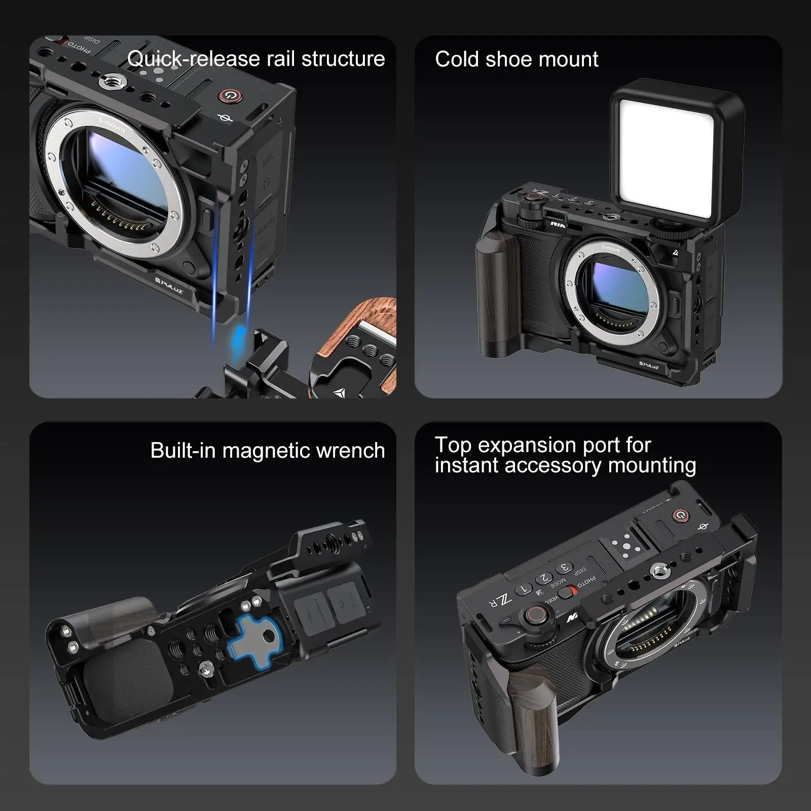 For Nikon ZR PULUZ Wood Handle Metal Camera Cage Expansion Frame