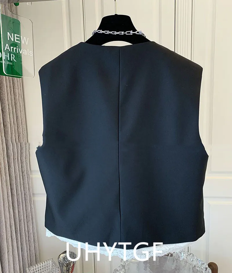 Lace Patchwork Women Vest Korean O Neck Casual Sleeveless Jackets 2024 Female Loose Waistcoat Vintage Chic Tops Women 3192