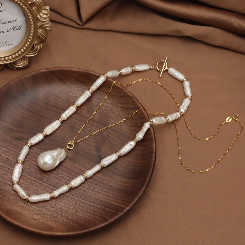 

natural freshwater pearl collarbone chain necklace with Baroque fishtail S925 silver universal buckle pendant