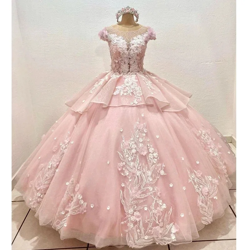 

Luxury Pink Quinceanera Dresses Sweet 16 Party Flower Lace Crystal Beading Pearls Vestidos De 15 Anos Princess Birthday Gowns
