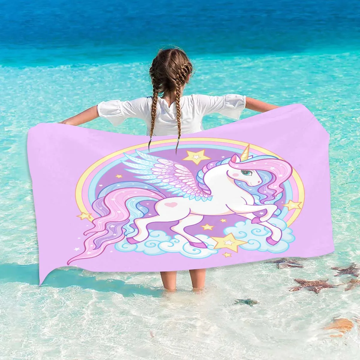 Name Benutzerdefiniertes Cartoon-Strandtuch Niedliches Einhorn Weiche Mikrofaser Reise-Camp-Handtuch Saugfähiges, schnell trocknendes Badetuch Geschenk für Mädchen – Detail 25
