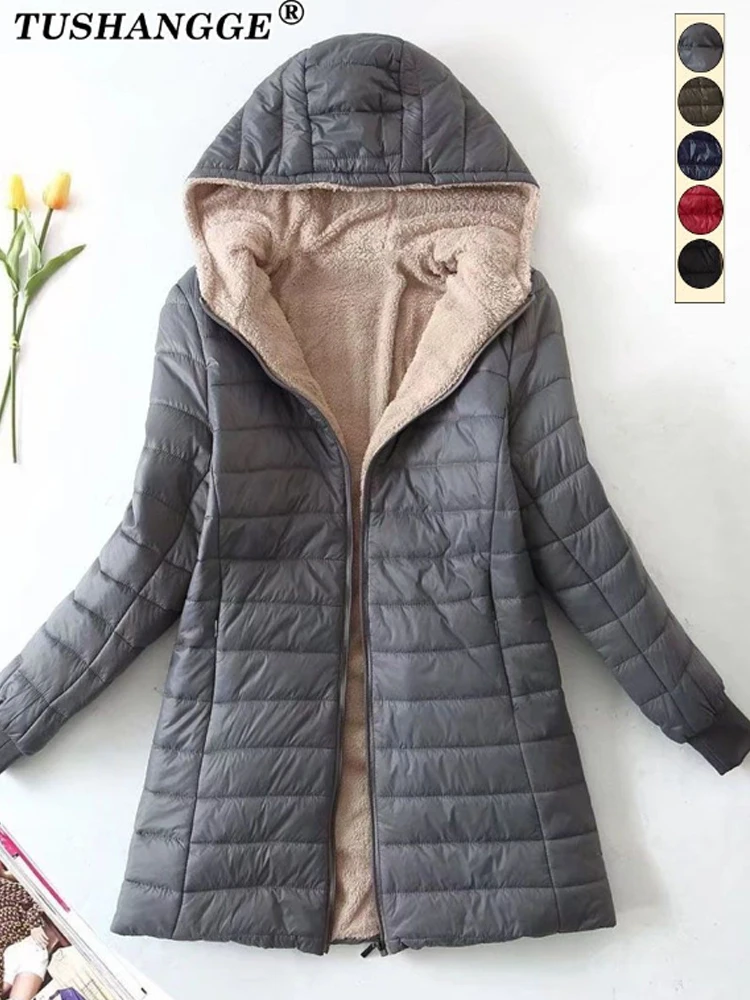 New Mid Length Korean Edition Hooded Fit Women Jackets Autumn Winter Mid-length Office Cotton Coats Warm Lamb Fleece Parkas 4