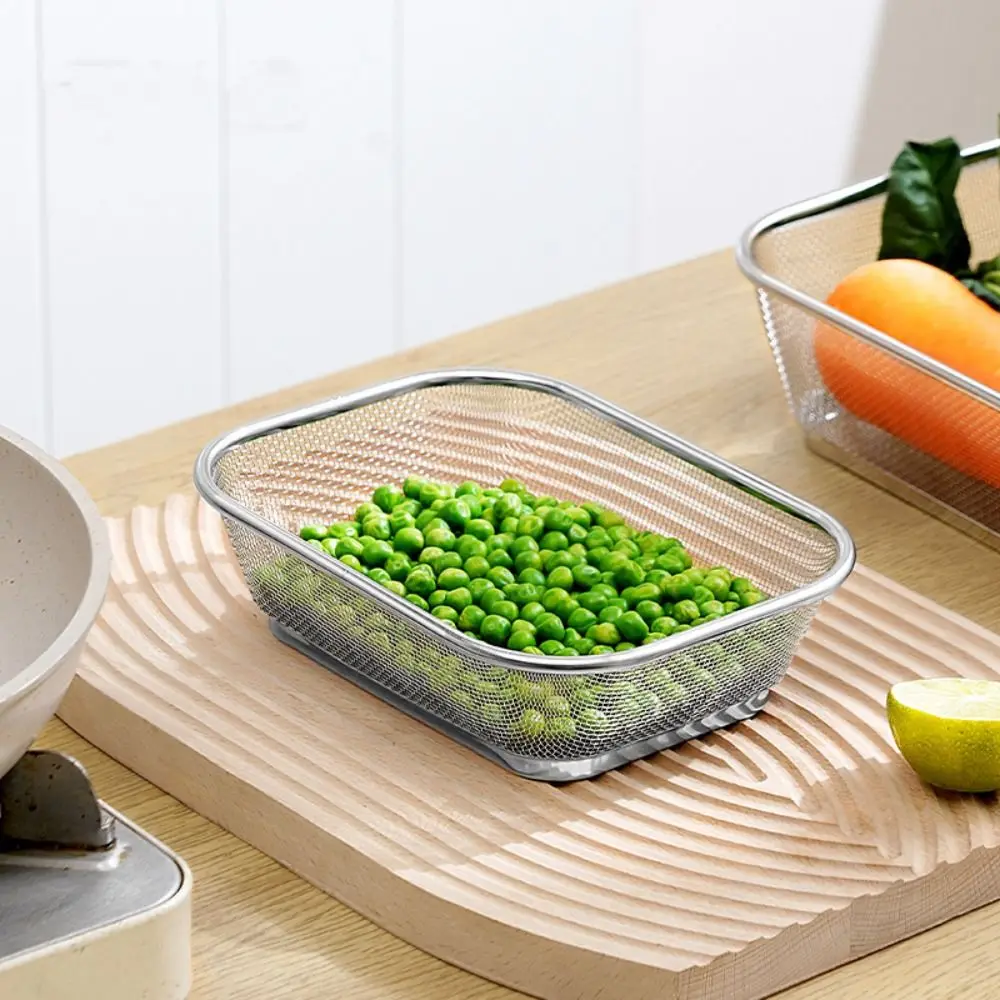 Simple Square Drain Basket Stainless Steel Thickened Fruit Snack Plate Hollow Out Rice Washing Basin