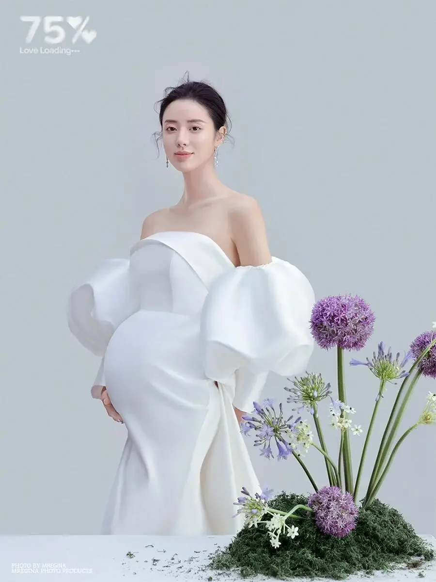 

Женский реквизит для фотосъемки белые элегантные платья с пышными рукавами для беременных платье с открытыми плечами для беременных студийная фотосессия