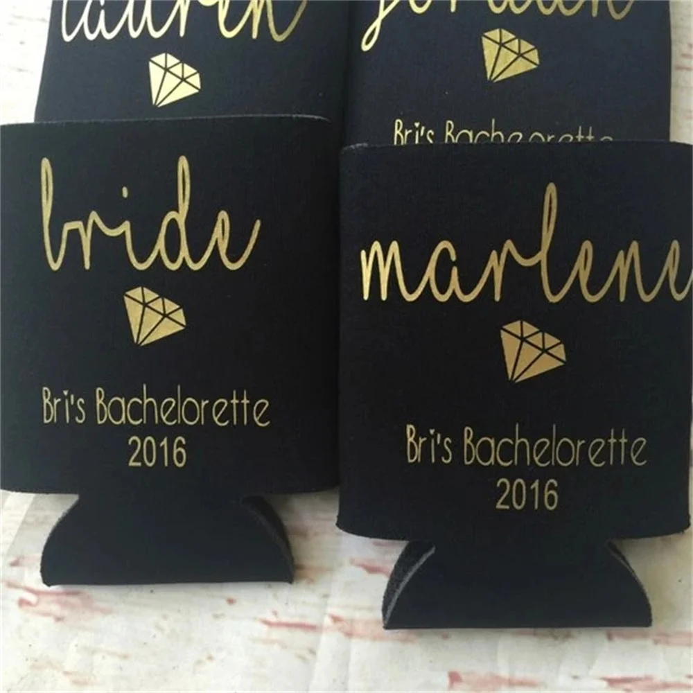 

Personalize Wedding Bride Gold Drink Coolers Bridesmaid Proposal Gifts Bachelorette Bottle Beer Can Holders Beverage Insulators