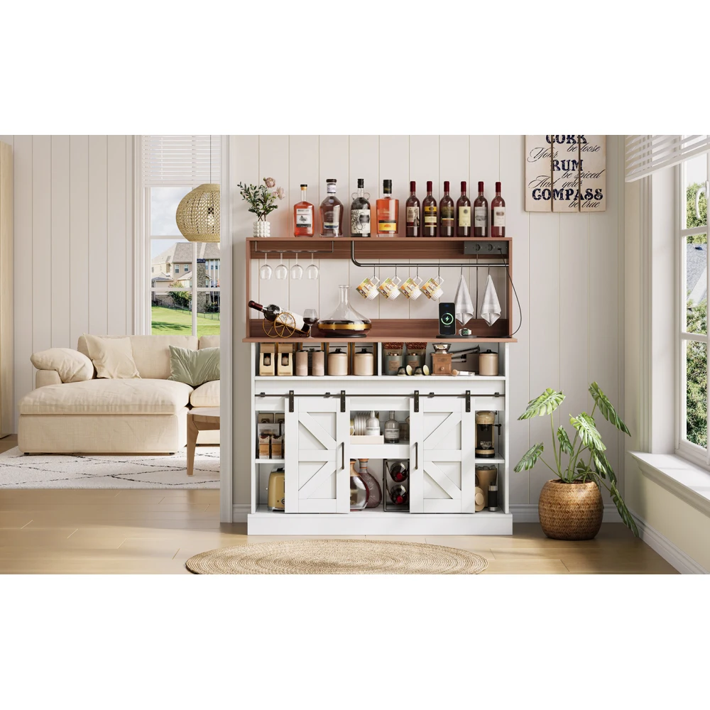 Glashalter und Steckdosen (2×AC, 2×USB) 120 cm langes Coffee-Ba-Schiebetüren-Sideboard mit Stauraum für die Küche – Detail 18