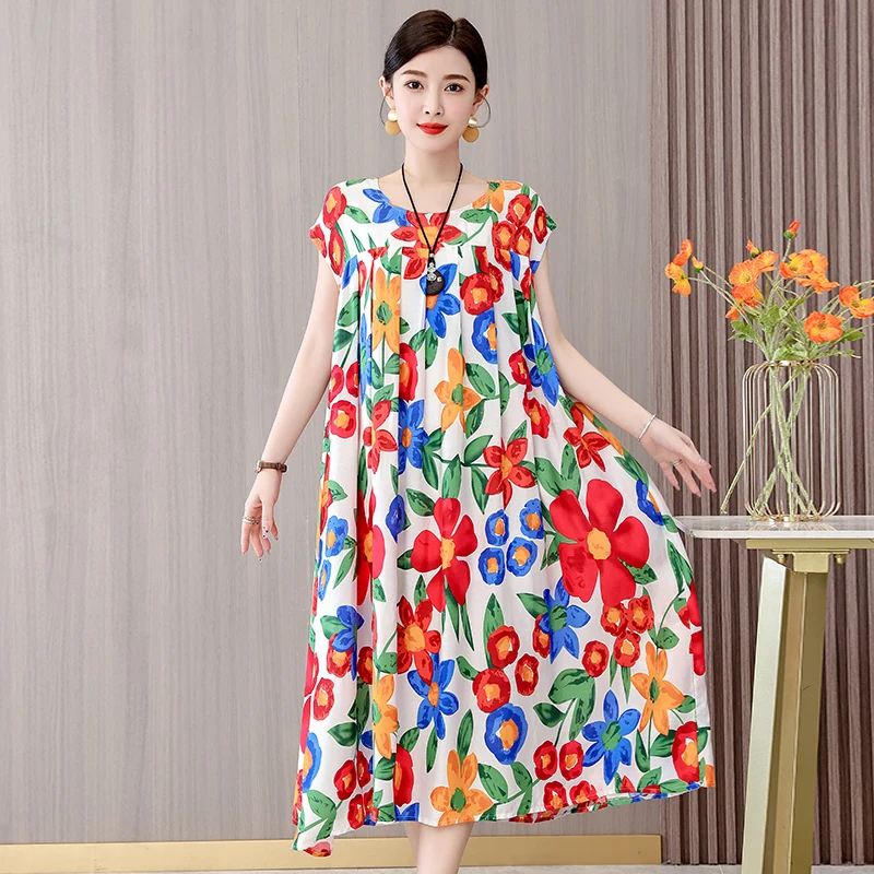 

Plus Size Hot Fashion Arrival Casual Summer Dress For Women's Print Loose O-Neck Cotton Women Clothing Dresses