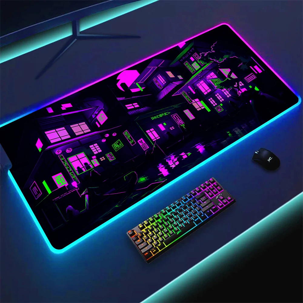 

Purple Neon City Gaming LED Mousepads Pc Large Desk Mat PC Gamer XXL Toky Street Mousepad RGB Luminous Anime Colorful Mouse Pad