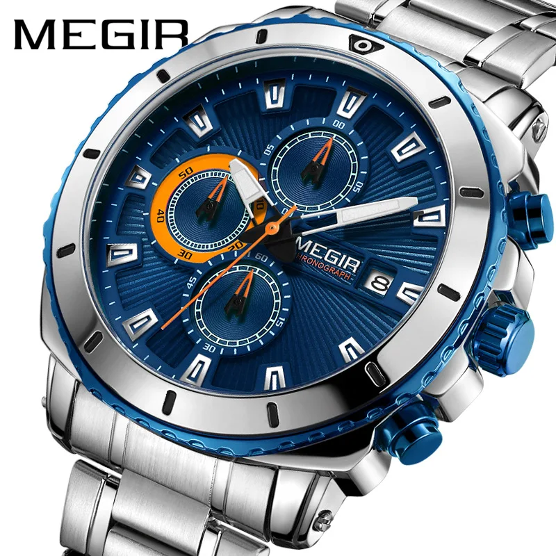 

MEGIR Fashion Business Watch Multifunctional Chronograph Quartz Men Watch Stainless Steel Waterproof Watch Luminous Reloj 2075