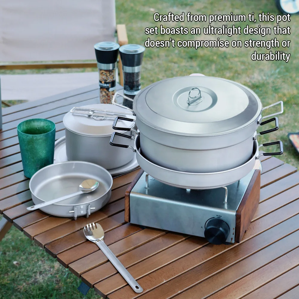 

Outdoor Pure Ti Pot Set 3L Pot Steaming Pan Frying Pan Camping Hanging Pot with Folding Handle
