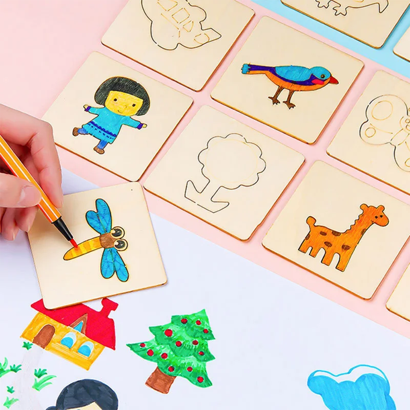 5-20pcs Montessori Kids Drawing Toys Wooden DIY Painting Stencils Template Craft Toys Puzzle Educational for Children Gifts