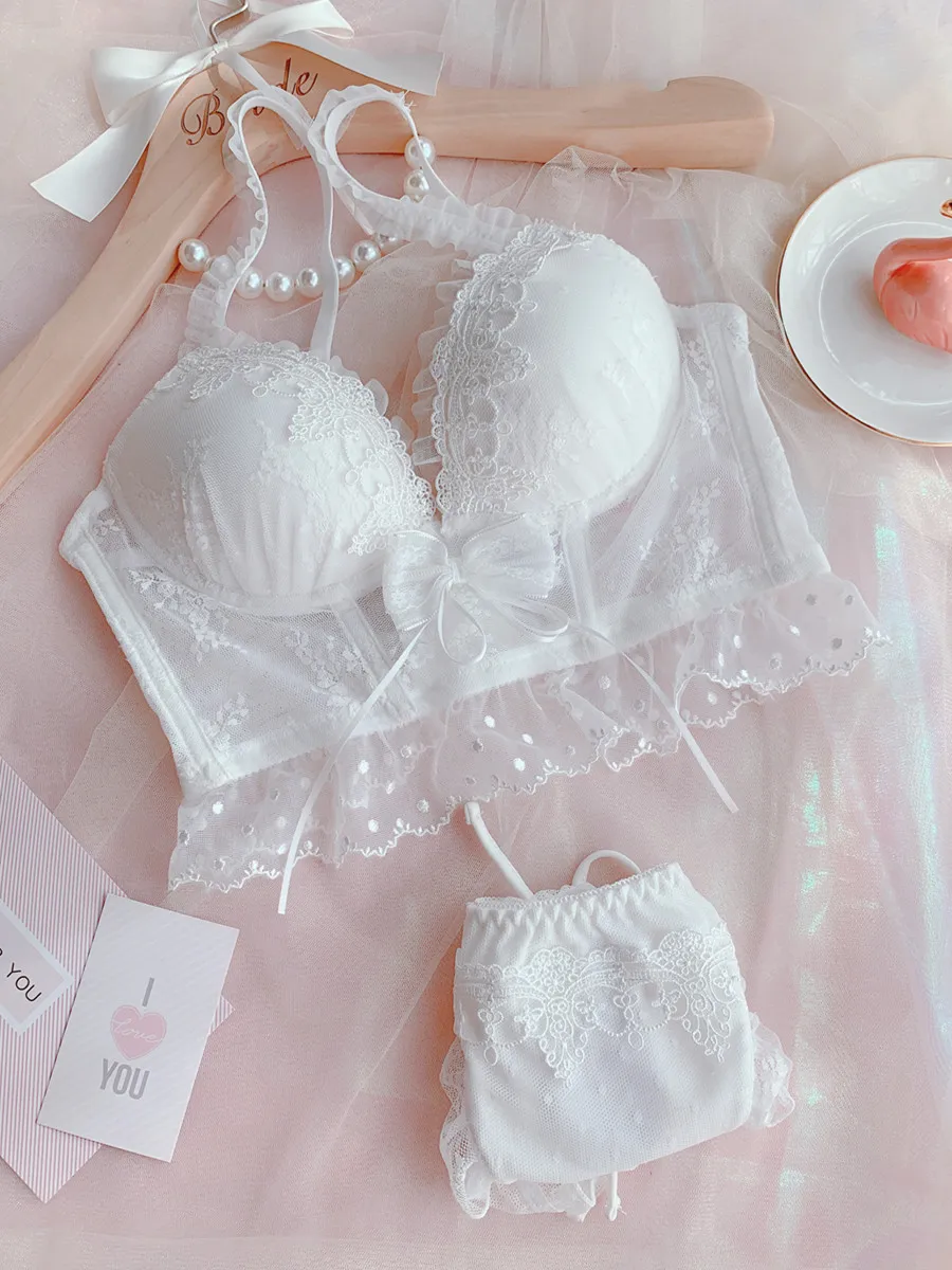 Japanese No Steel Ring Lingerie Girl Large Size Bra Set Sexy Gathered Small  Chest Bow Cute Underwear Panties Suit - Bra & Brief Sets - AliExpress