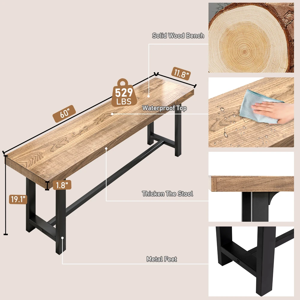 60 inch Solid Wood Dining Bench for Person,Kitchen Table