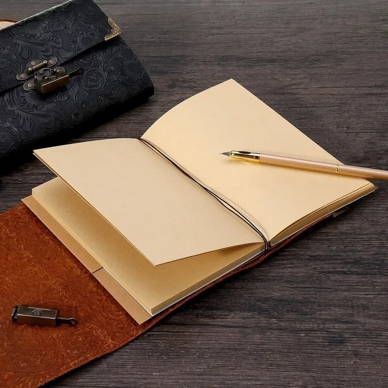 Caderno de Viagem de Couro Macio com Padrão em Relevo Fechadura e Chave Diário Bloco de Notas Papel para Negócios Esboçando Escrita Suprimentos Presente - Imagem 6