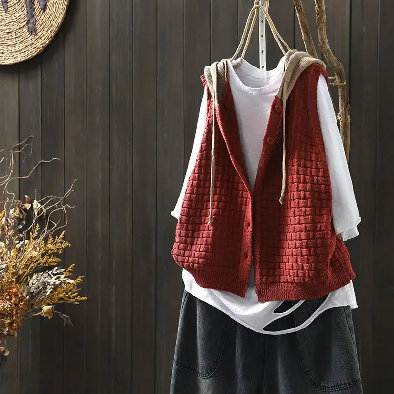 Women's Retro Hooded Knitted Vest Sleeveless Tops Fashion Sleeveless Waistcoat Loose Cardigan Leisure Solid Color New Plus Size