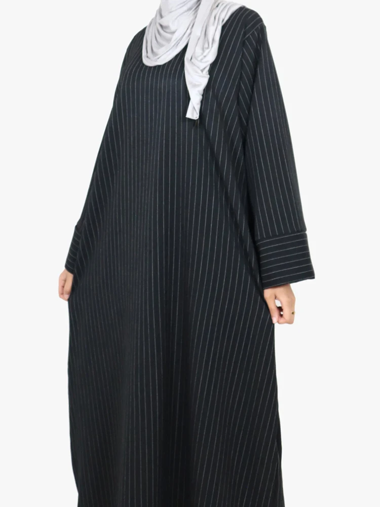 Autumn Pinstripe Twill Muslim Women Abaya Dress, Zipper Back Side Pockets, Modest Hijabi Robe, Islamic Clothing, Ramadan Eid - Image 3