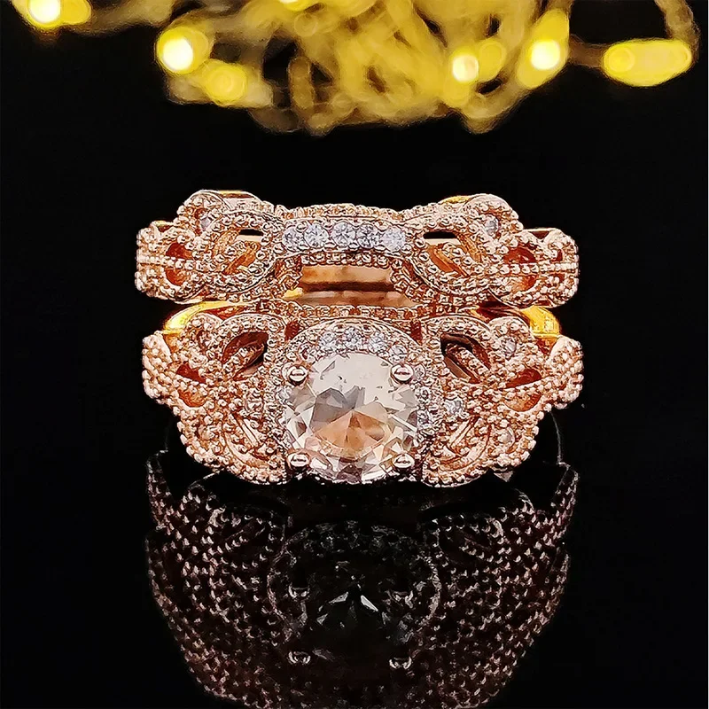 Women Wedding Ring Set Shiny Round Cut Zircon Stone Rings Rose Gold Color 2 Pcs
