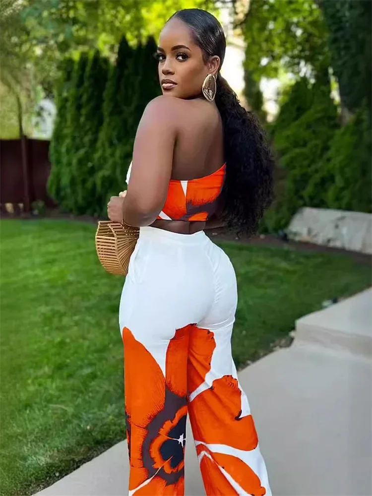 Wmstar Women Two Piece Set Casual Floral Print One Shoulder O Rings Crop Tops Wide Legs Pant Vacation Clubwear Tracksuit Set