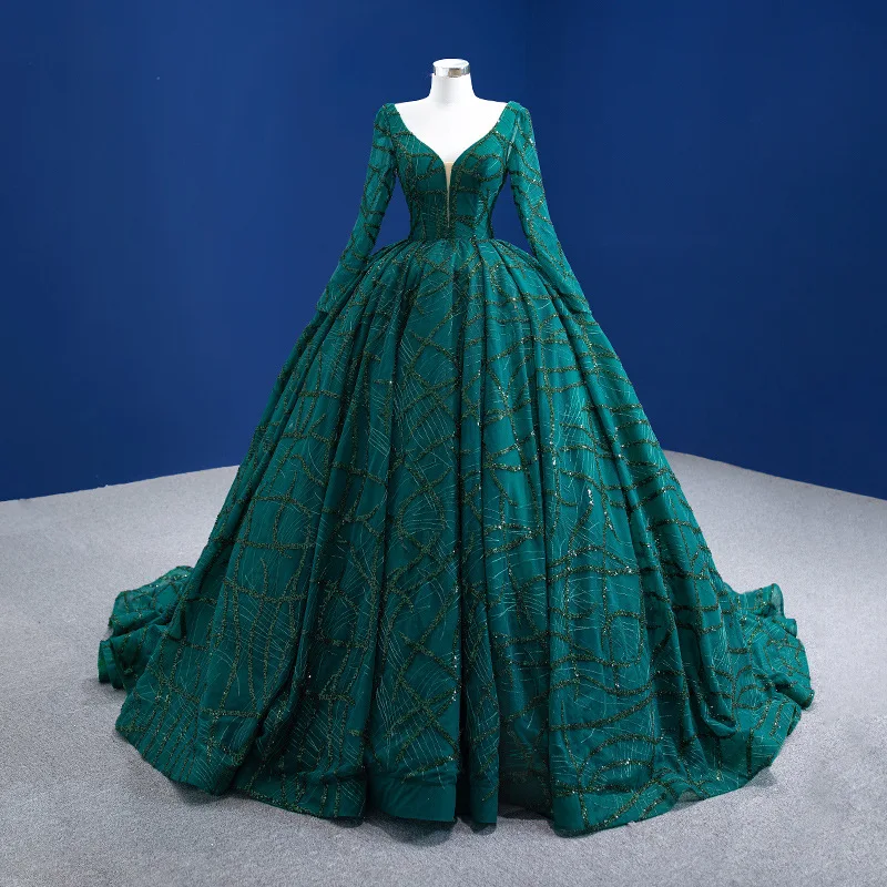 

Women Dark Green Long Sleeve Sequins Prom Gown Lace-Up A Line Tailing Evening Dress