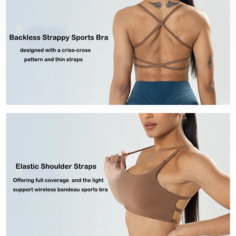 VITALINOVO Workout Sports Bras Women Athletic Removable Padded Backless Strappy Criss Cross Light Support Gym Yoga Crop Bra