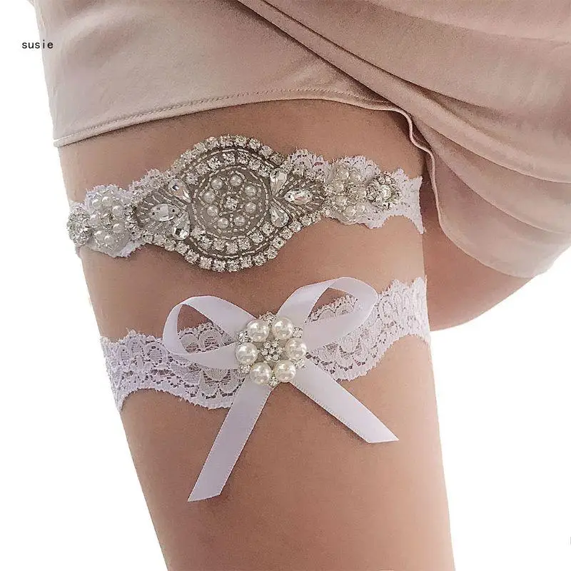 

X7YA 2Pcs/Set Women Wedding Bridal Floral Lace Thigh Rings Elastic Leg Garters Rhines