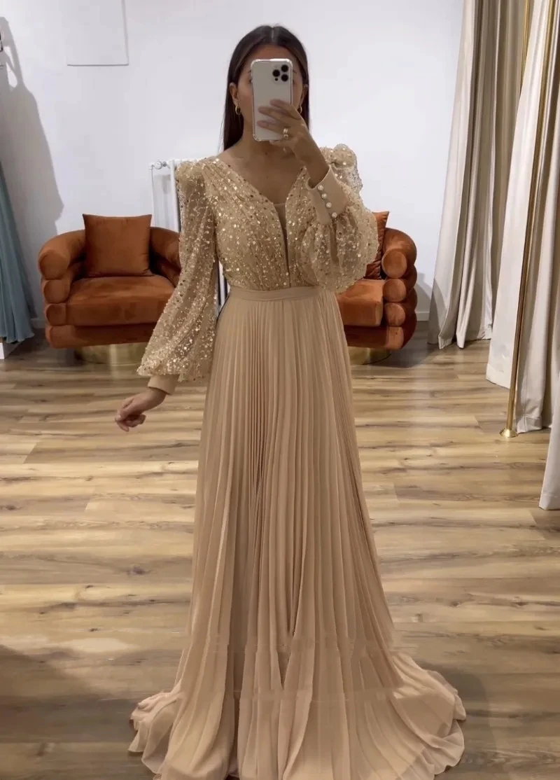 

Elegant Evening Dress Champagne V-Neck Sequin Long Sleeves A-Line Chiffon Prom Party Gown Arabic Robes De Soirée For Women