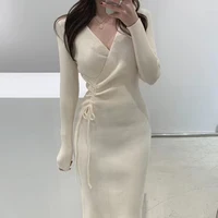 Chic V-ne Knitted Wrap Waist Slimming Mid-length A-line Dr Women's Sweater Dr Korean Sle High Waist Long Sve - Image 2